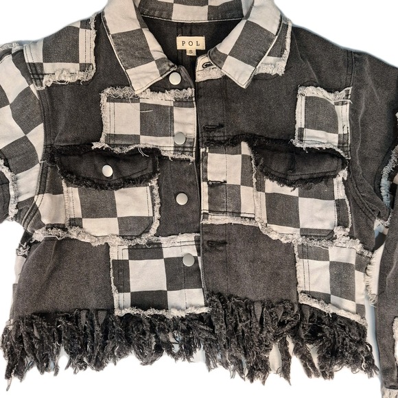 Pol Boutique Brand Wmn Sm. Distressed Patched Fringe Blk Gray Denim Jacket EUC - Picture 3 of 16